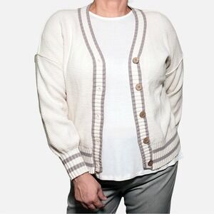 Cream Waffle Knit Button Front Cardigan V-Neck 0X Plus Size Cozy Neutral